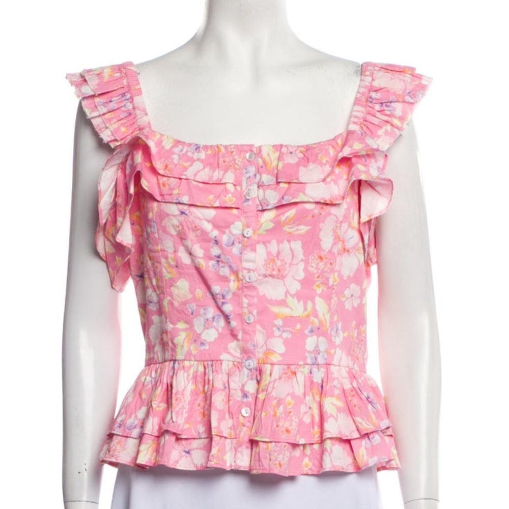 LoveShackFancy, Tabia Top, Pink Party Bash,  Floral Pink Ruffle Blouse- Large